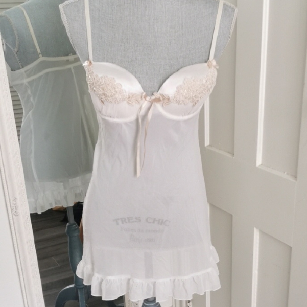 Linea Donatella ivory sheer baby doll sequins lingerie bridal wedding. Size S